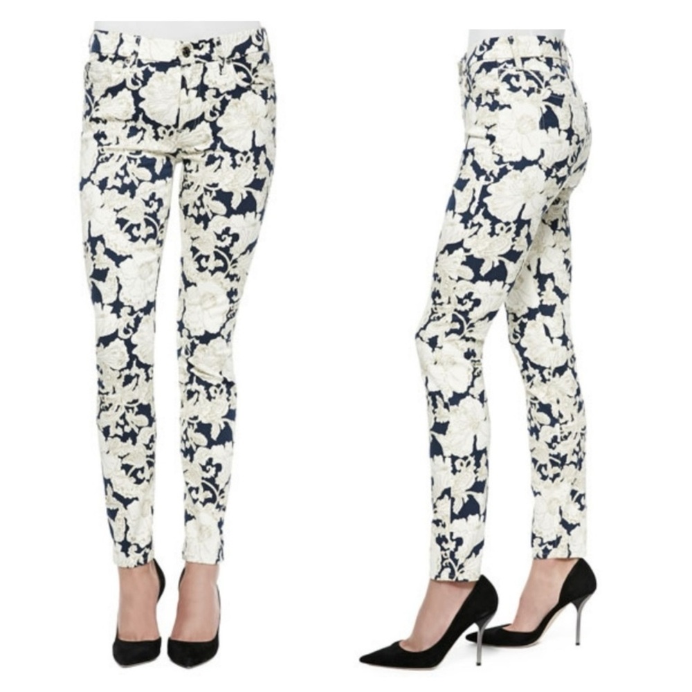 7 For All Mankind Jeans Skinny 24 Navy Blue Floral Drawing Ivory Printed Stretch - Picture 2 of 6